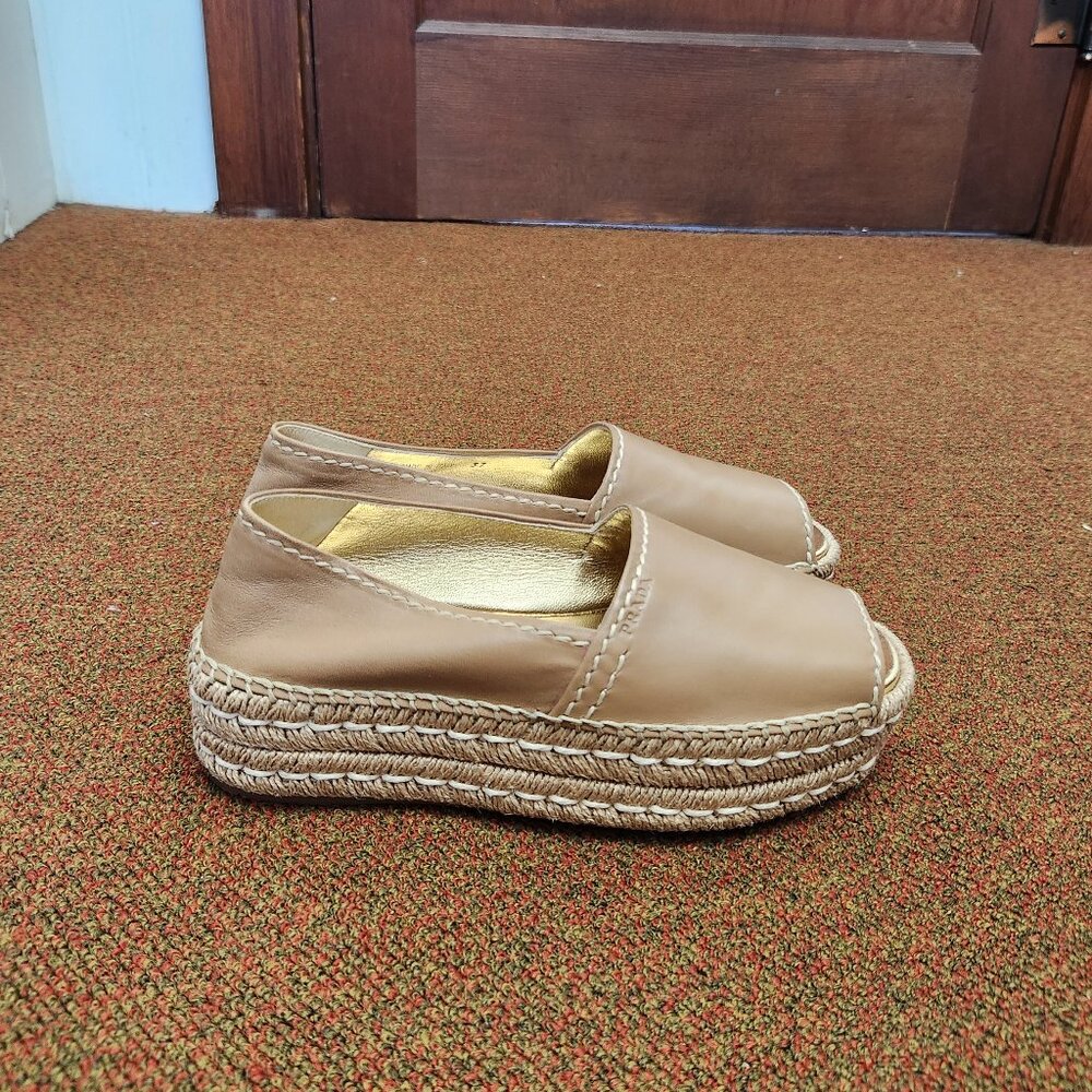 Prada Leather Espadrille Platform Open Toe Shoe